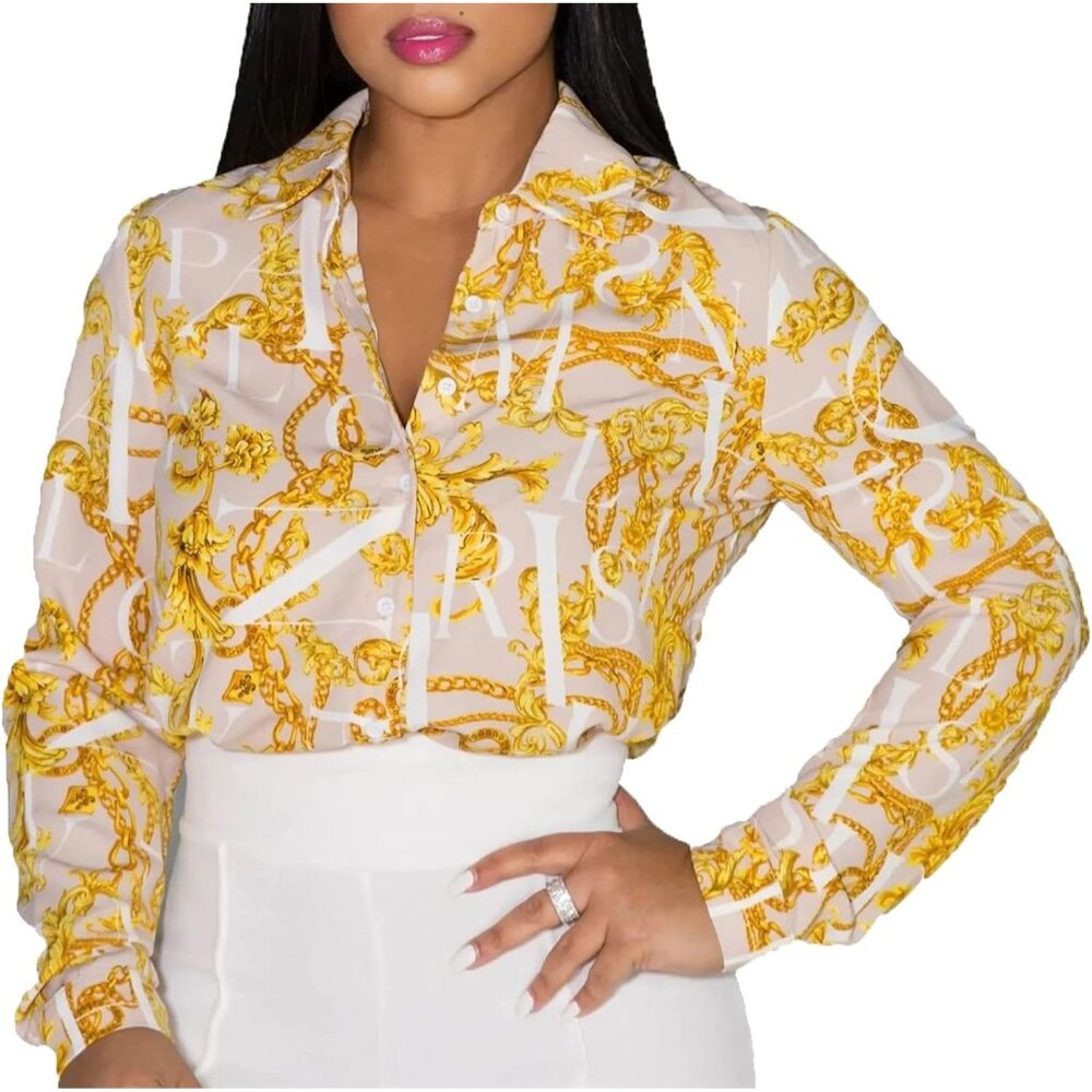 Women Collar Blouses Button Down Shirts Colorful Long Sleeve Floral Print Tops